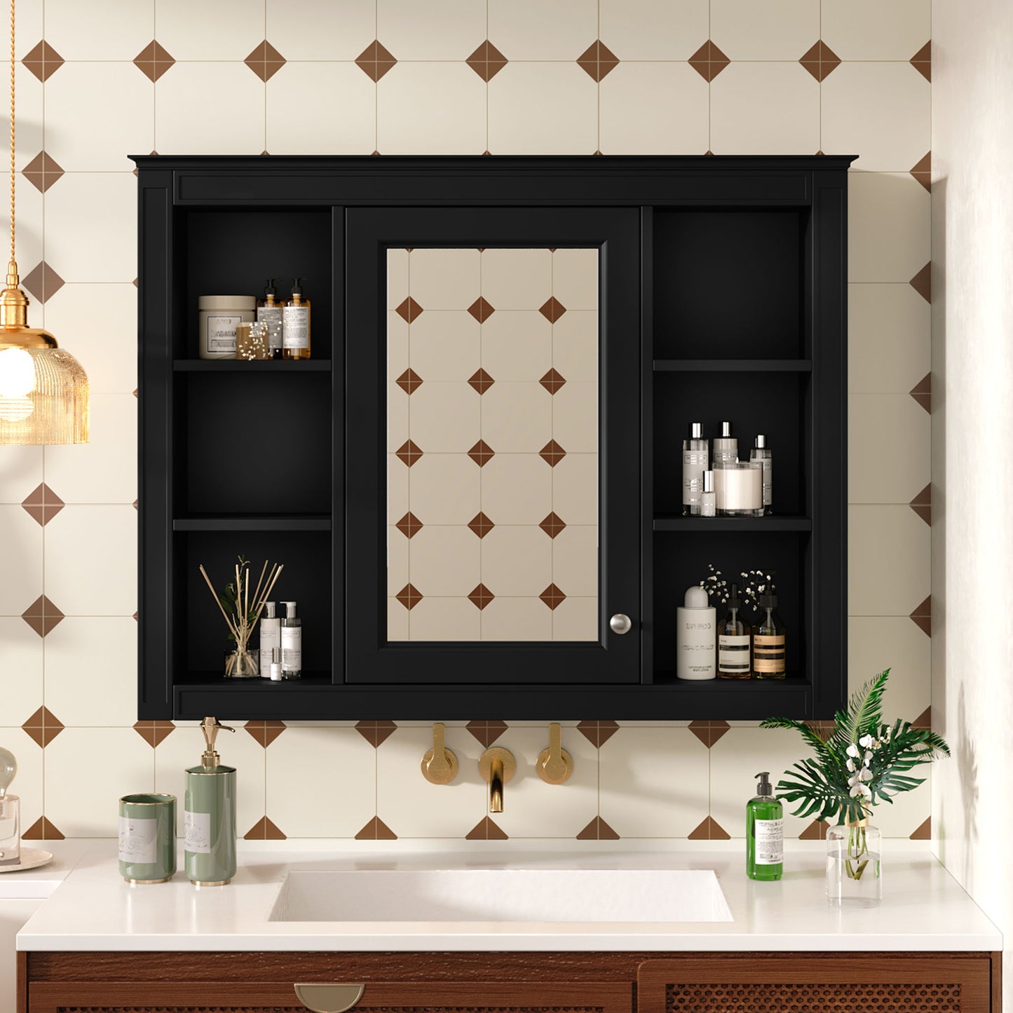 Wall Mounted Medicine Cabinet With Mirror, Storage Cabinet Featuring 6 Open Shelves And Adjustable Interior