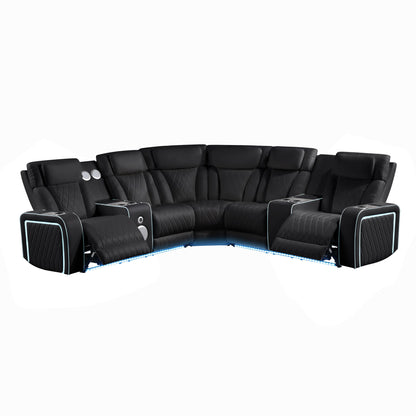Electra - Power Recliner Sectional Sofa With Power Headrests, Console Loveseats, Wedge, LED Light Strip, Speakers