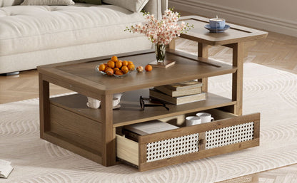 Coffee Table With 1 Storage Shelf, 2 Tabletops And 1 Rattan Drawer