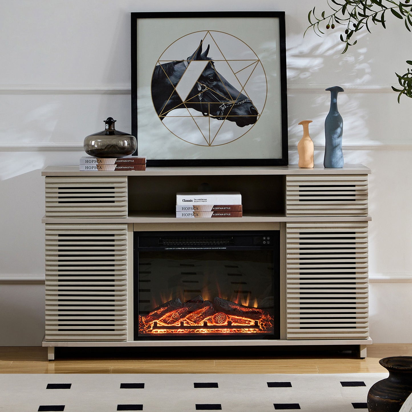 Modern Cabinet With Adjustable Shelves And Remote Controlled Fireplace