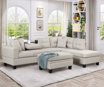 Modern Sectional Sofa With Storage Ottoman, L-Shape Couch With 2 Pillows And Cup Holder, Sectional Sofa With Reversible Chaise For Living Room