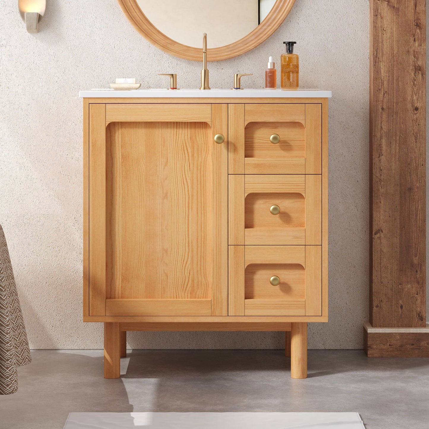 Bathroom Vanity With Sink, 3 Drawers, Soft Close Door - Natural Wood