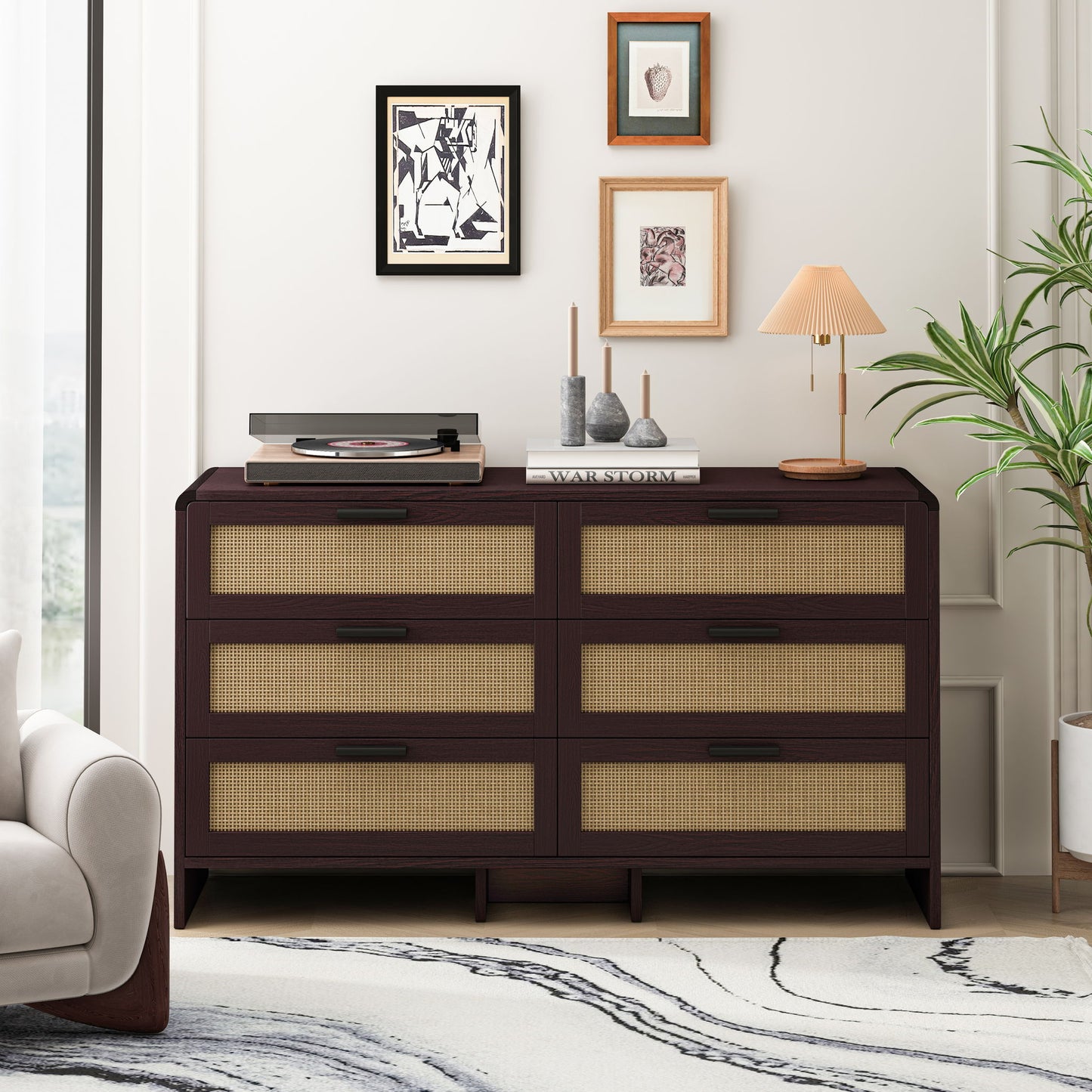 Modern Arc Shaped Corner Rattan Cabinet With 6 Drawers