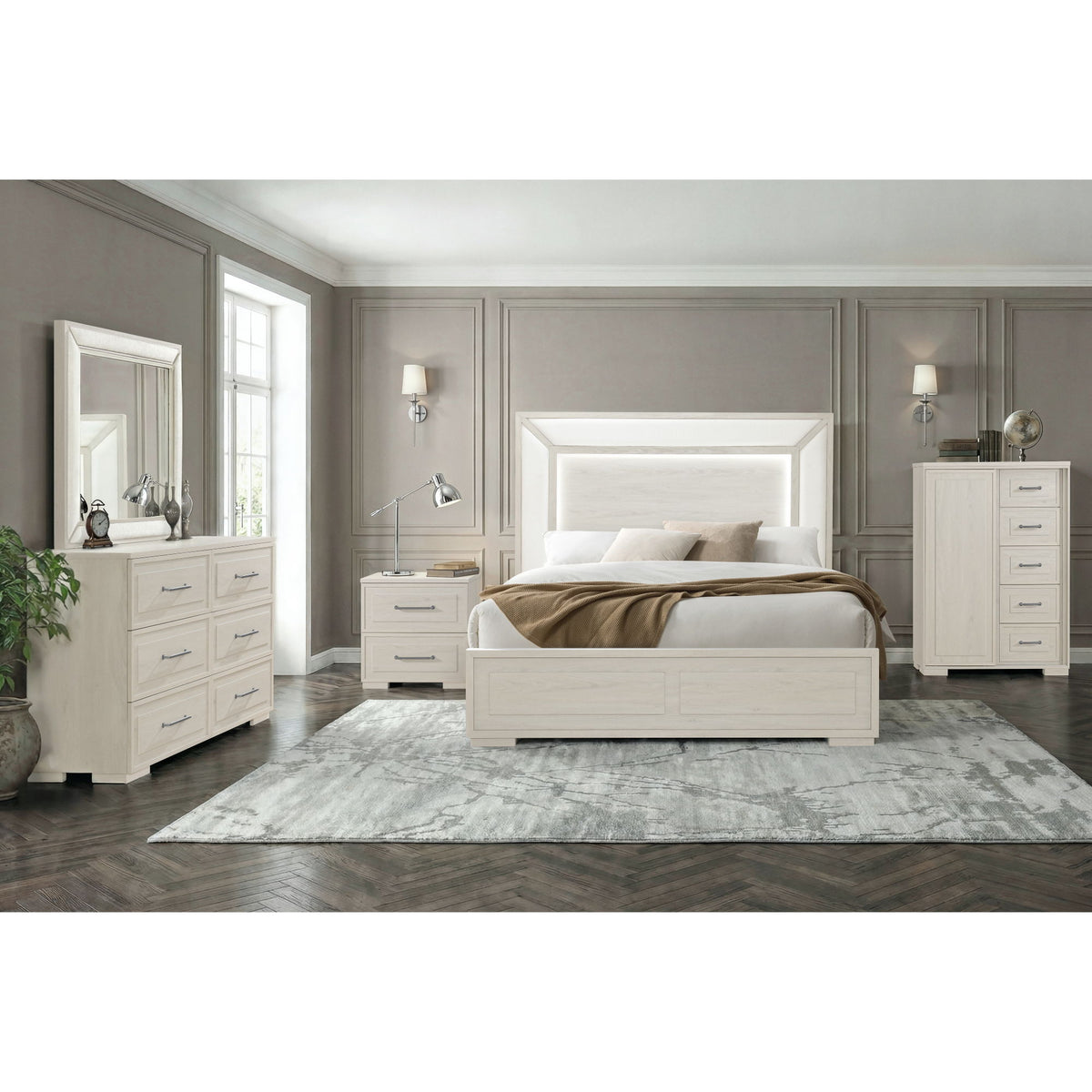 Ciara - King 5 Piece Bedroom Set With LED Lighting, Clean Lines And Upholstered Mirror - Beige