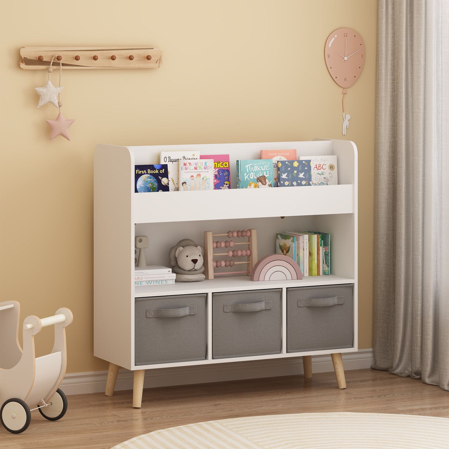 Bookshelf With 3 Bins, Storage Shelf For Toys And Books - White