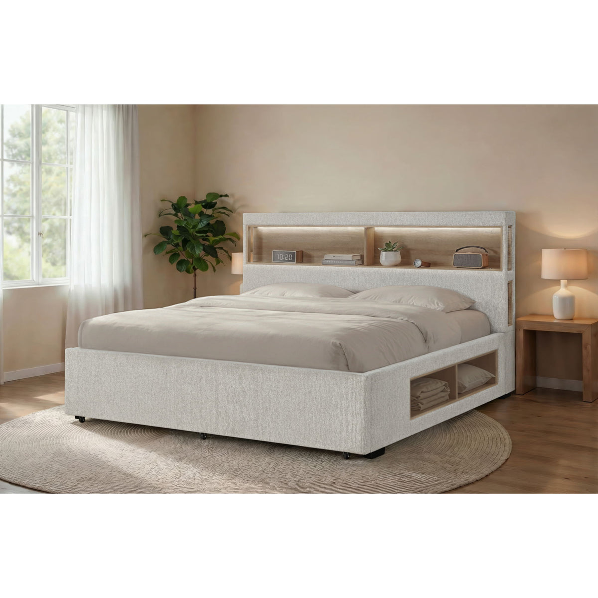Sacha - Bed With LED And Bookcase Headboard, Built In Siderail Storage