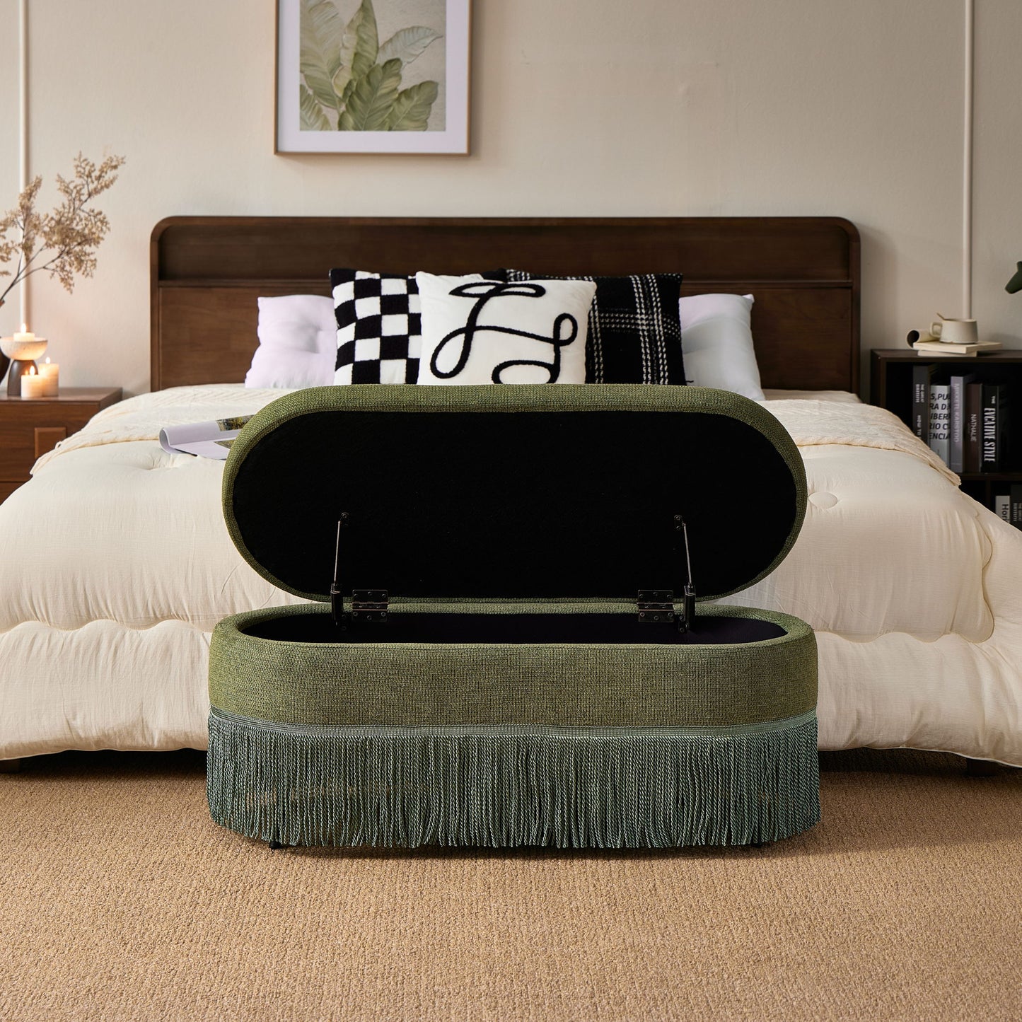 Oval Upholstered Storage Ottoman With Fringe Trim & Lift Top Lid