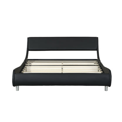 Queen Size Upholstered Platform Bed Frame, LED Lighting With Remote Controller And App, Curve Design, Wood Slat Support, No Box Spring Needed - Black