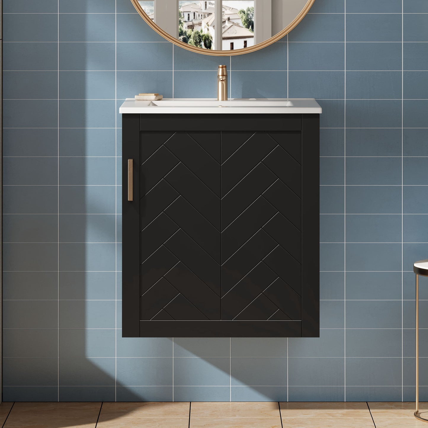 Modern Wall Mounted Bathroom Cabinet With Side Shelf And Ceramic Sink