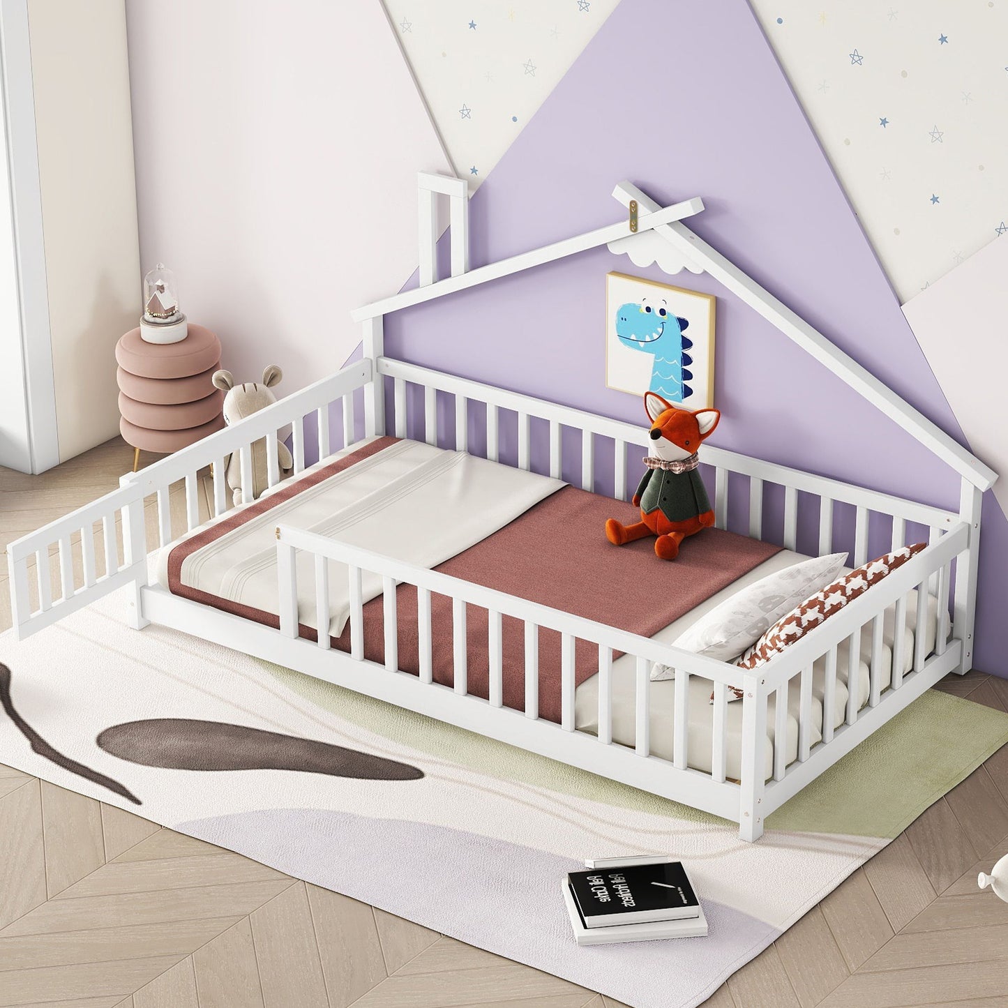 House-Shaped Bedside Floor Bed With Guardrails, Slats, With Door