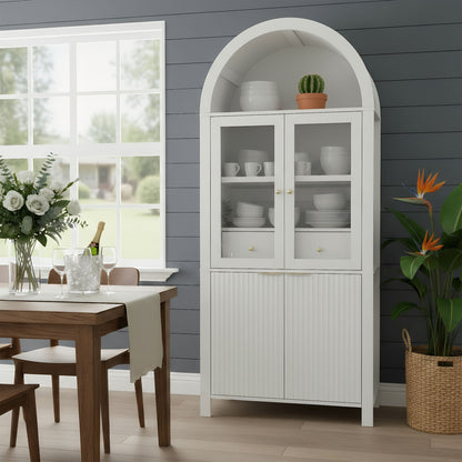 Fluted Tall Arched Pantry Cabinet With Adjustable Shelves, Glass Door & Hidden Drawer For Kitchen