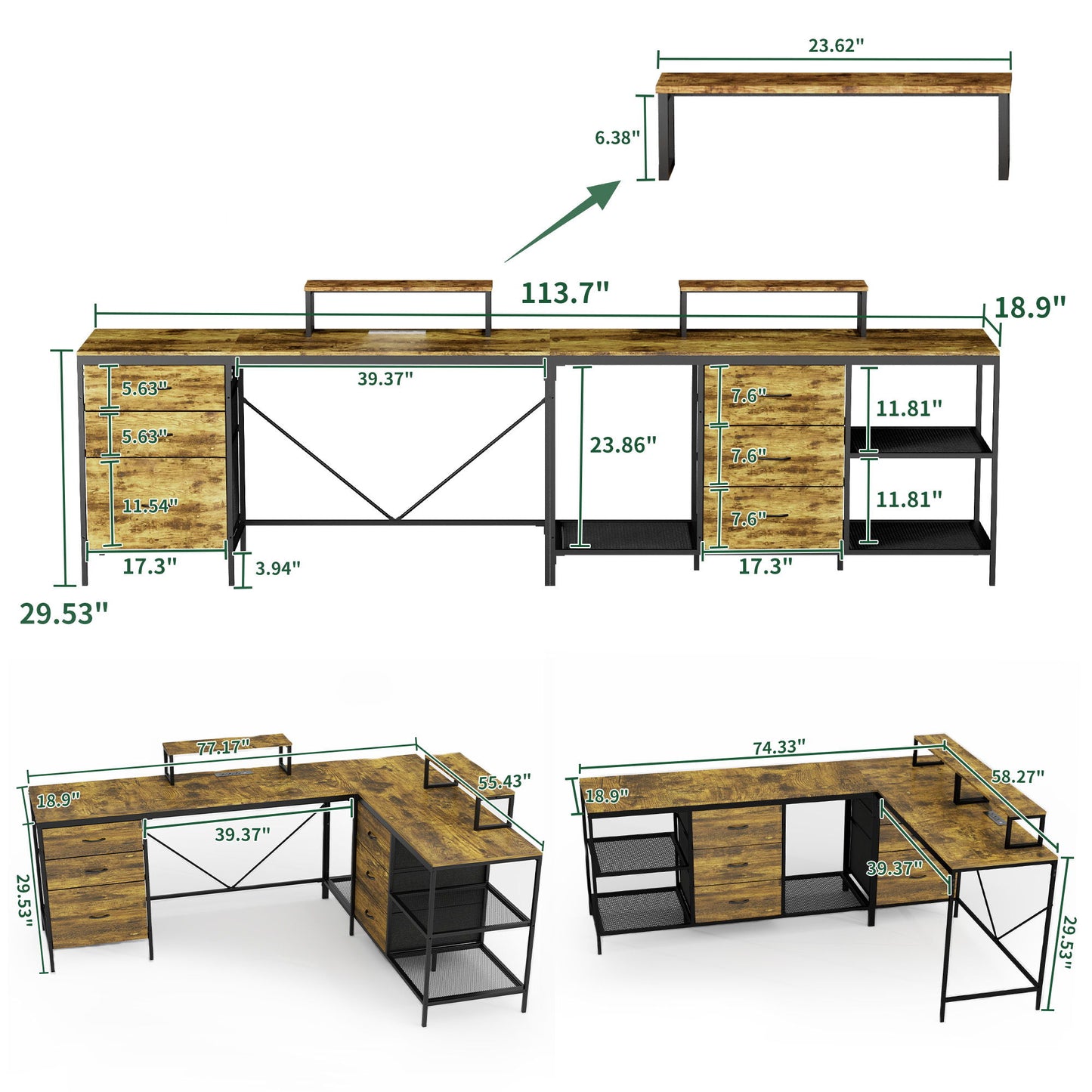 Industrial L Shaped Desk With Power Hub With 6 Drawers And Adjustable Monitor Stands - Brown