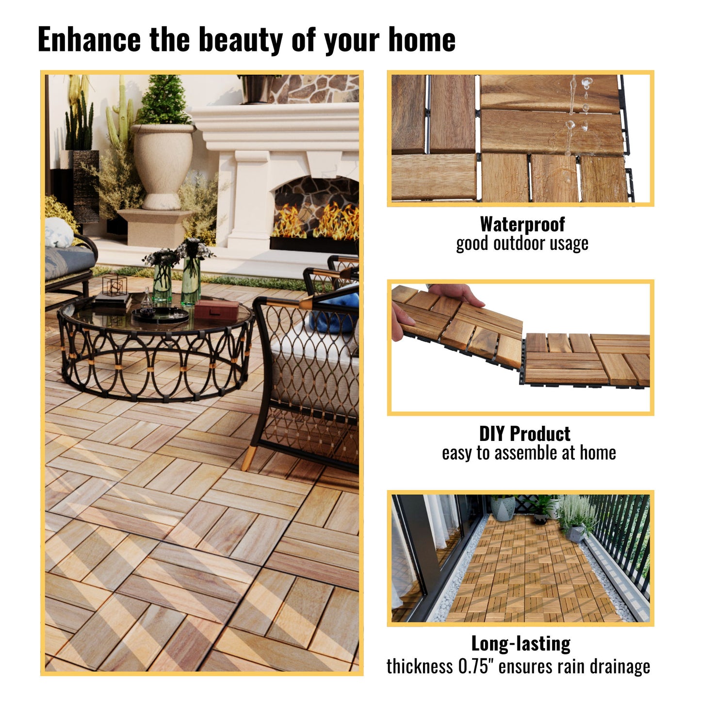 Interlocking Deck Tiles Checker Pattern, Square Acacia Hardwood Outdoor Flooring For Patio, Bancony, Pool Side