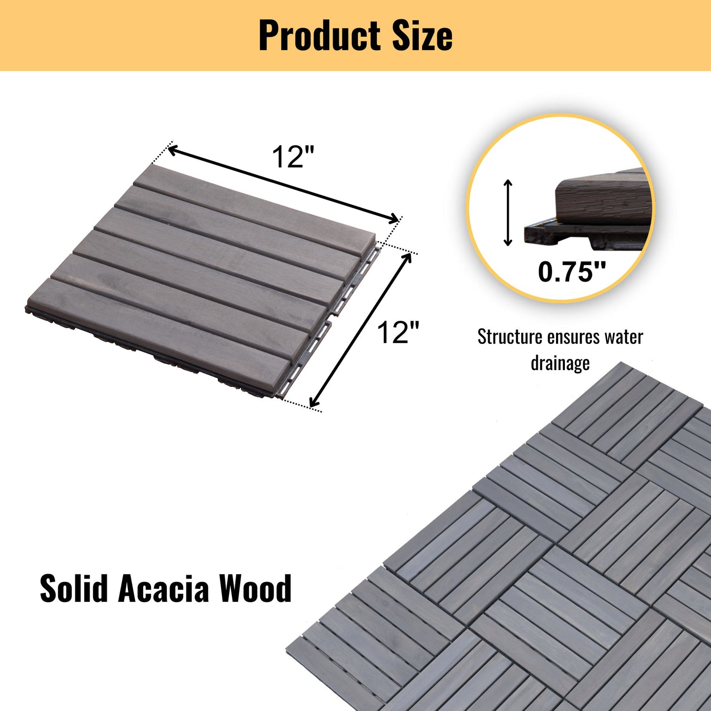 Interlocking Deck Tiles Striped Pattern, Square Acacia Hardwood Outdoor Flooring For Patio, Bancony, Pool Side