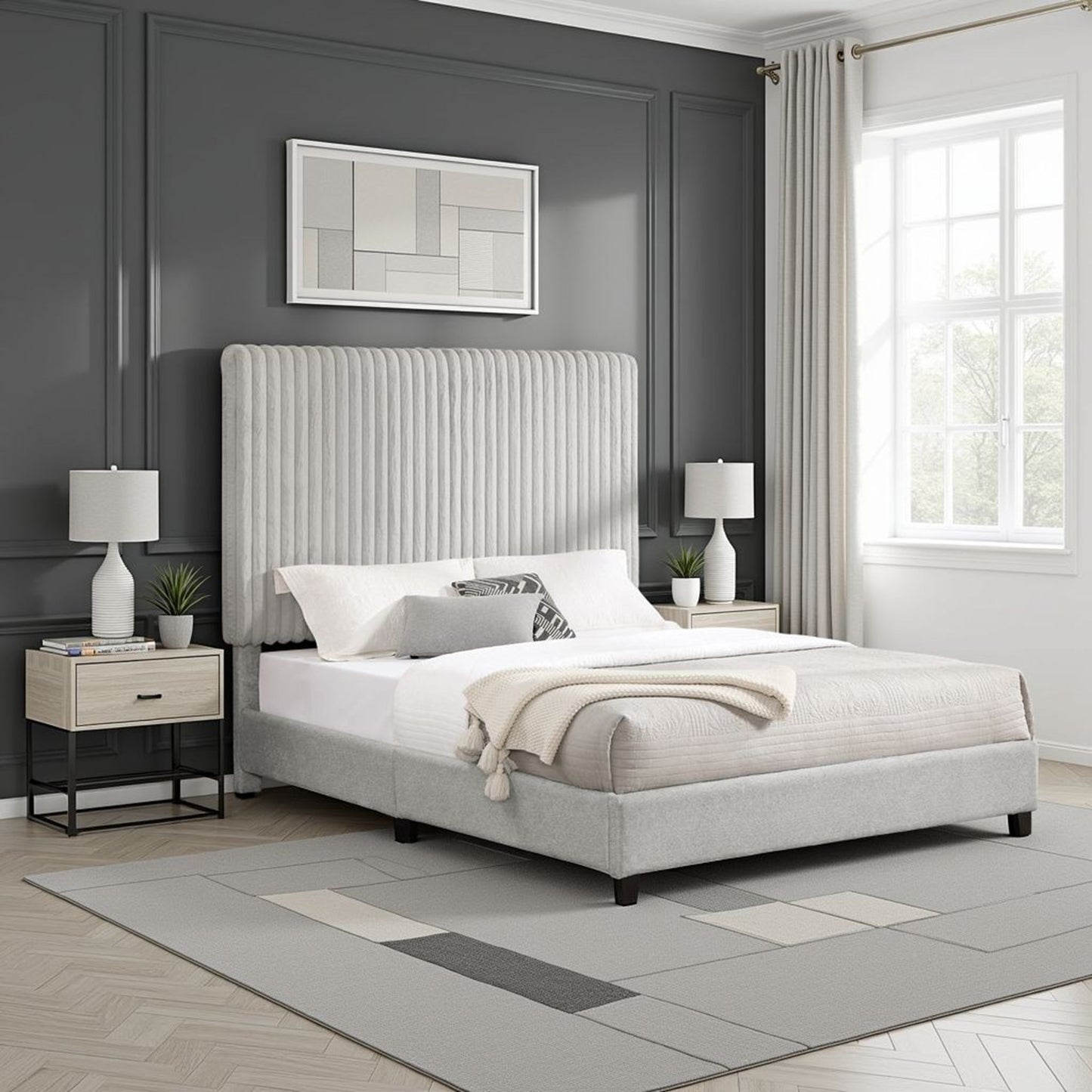 Queen Size Minky Stone Upholstered Platform Bed