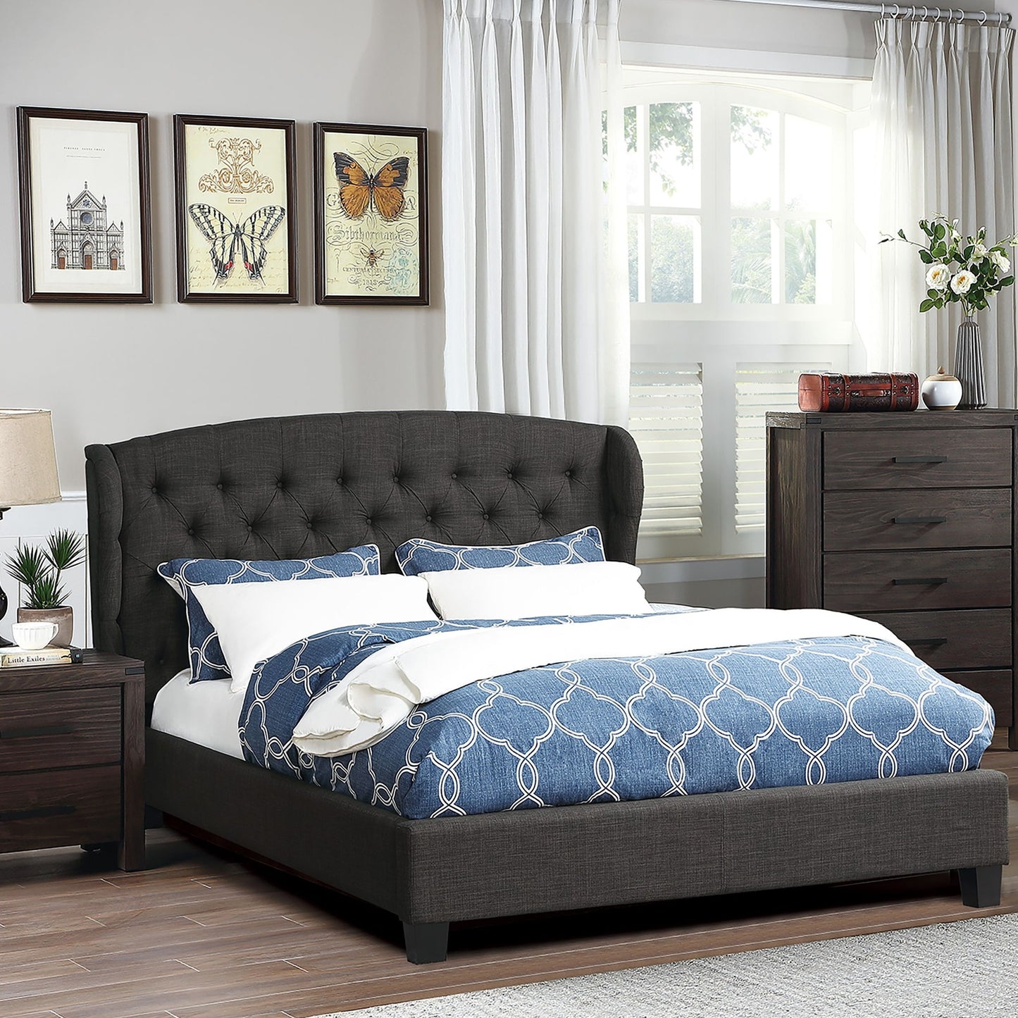 Bed With Adjustable Button Tufted Headboard