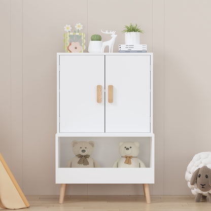 Toy Storage Cabinet With Doors And Open Shelf, Toddler Bookshelf For Playroom - White