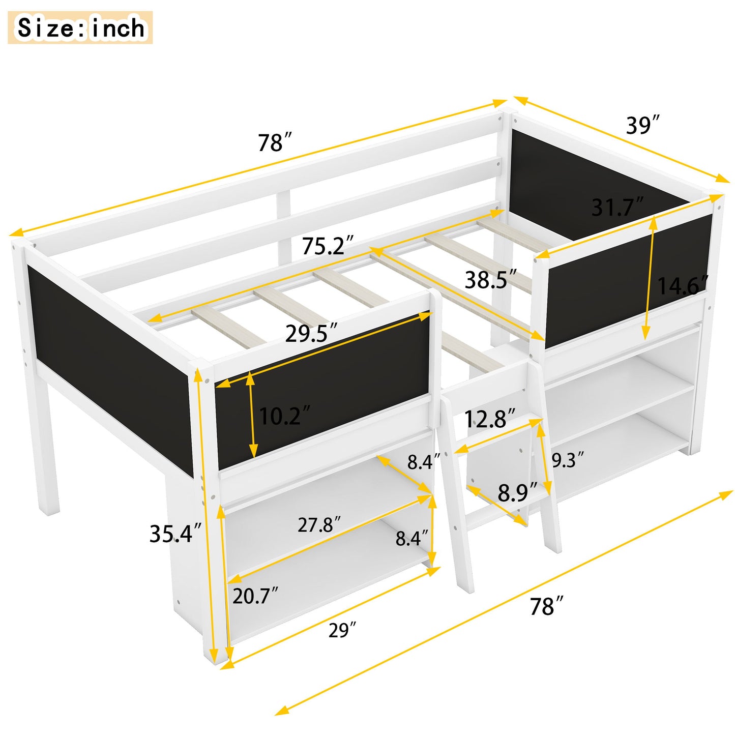 Low Loft Bed With Movable Shelves And Ladder, Decorative Chalkboard Guardrail