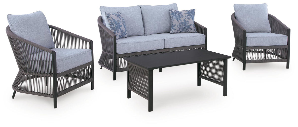 Bodega Island - Loveseat, Lounge Chairs, Table Set (Set of 4) - Gray