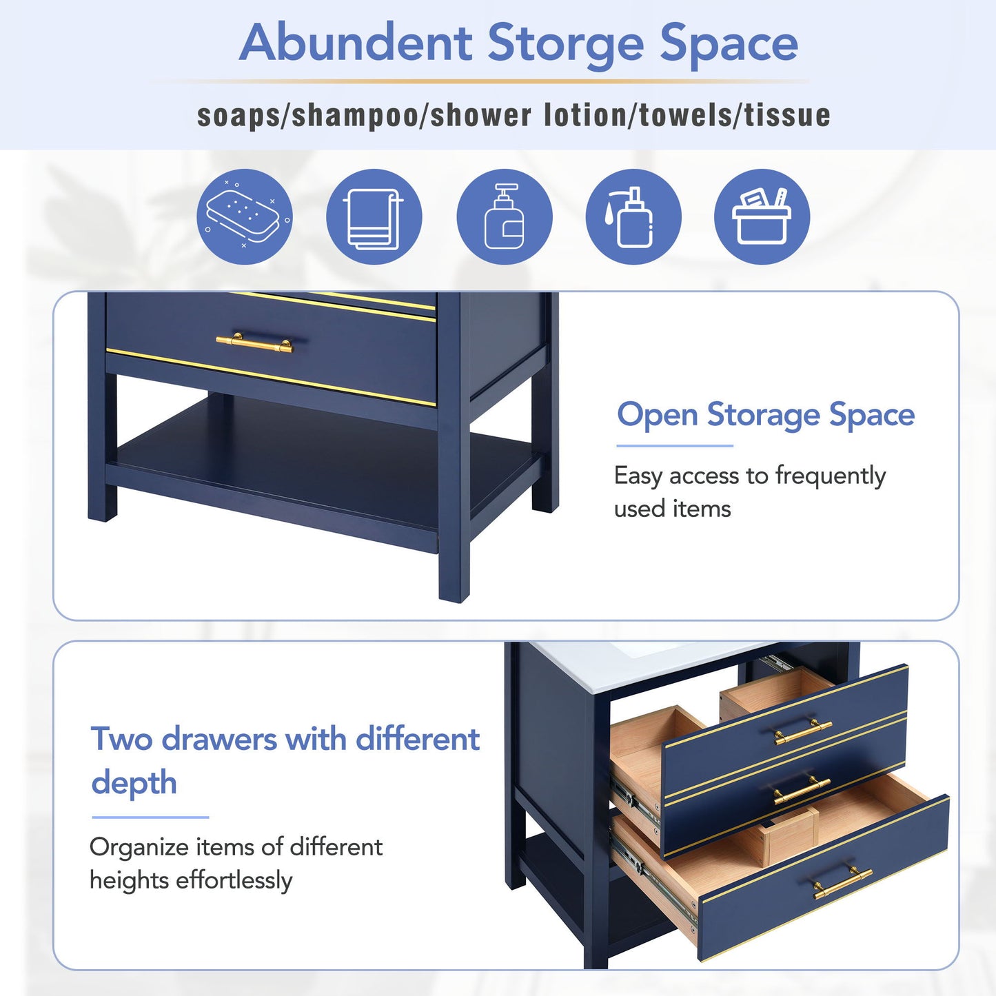 Modern Bathroom Vanity Cabinet, Combo With Open storage, Two Drawers