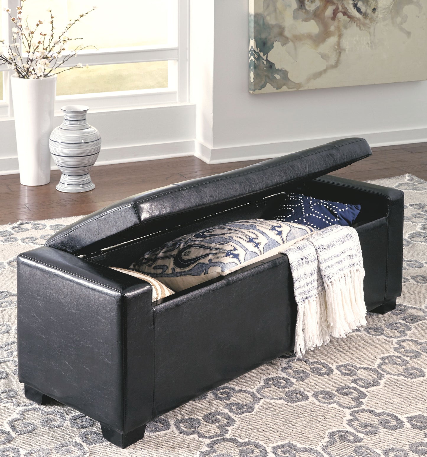 Benches - Black - Upholstered Storage Bench - Faux Leather