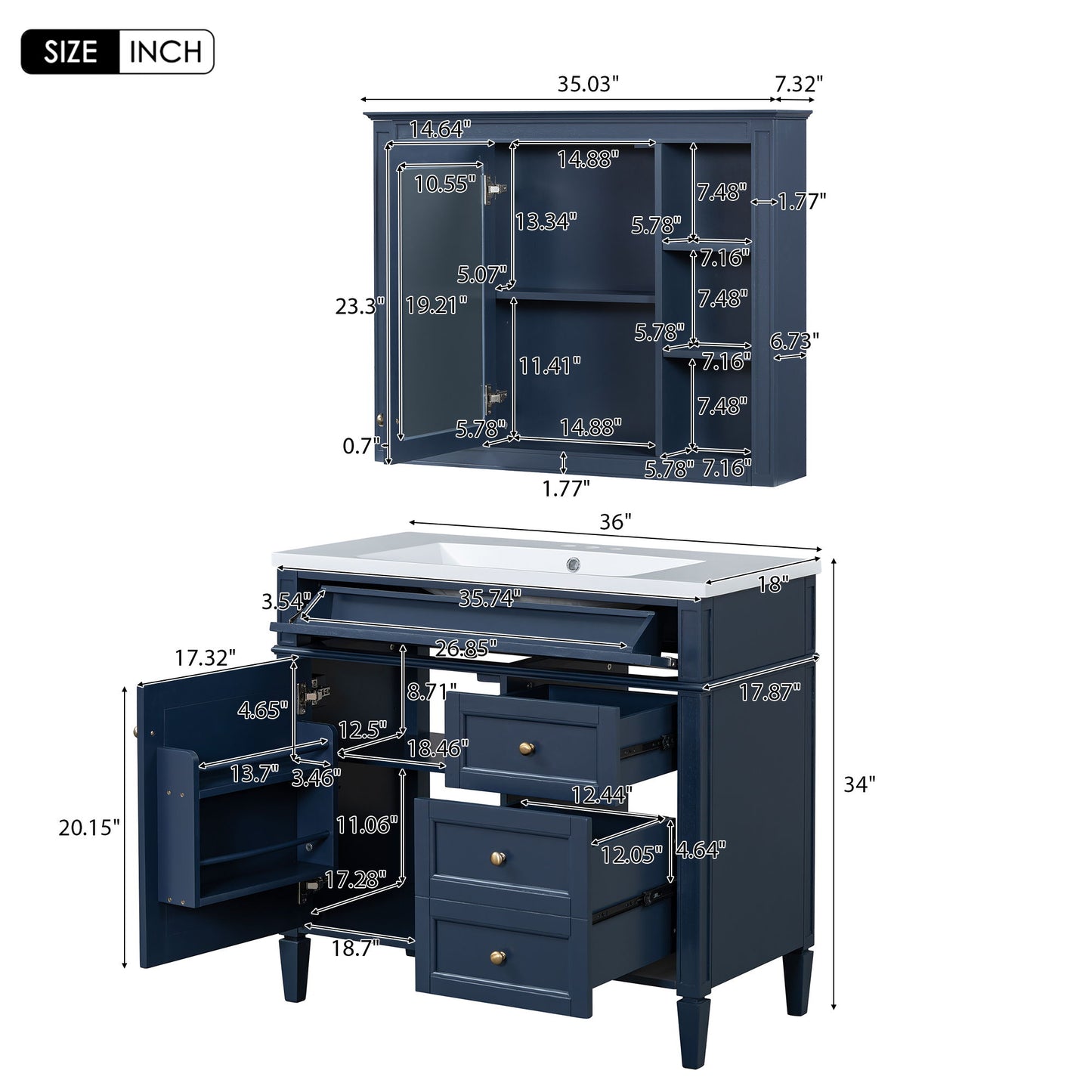 Bathroom Vanity With Top Sink, Storage Cabinet With Mirror, 2 Doors, 3 Drawers, 6 Open Shelves