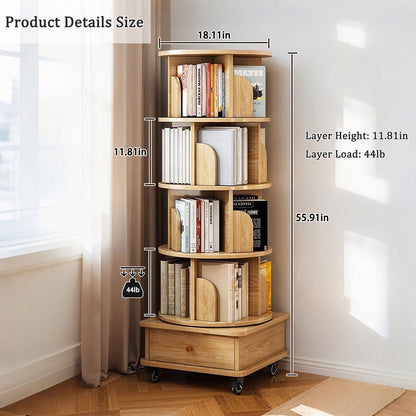 Rotating Bookshelf With Wheels And Drawer, 360° Spinning Design, Space Saving Storage