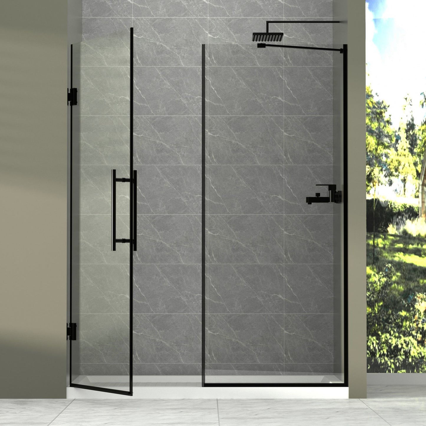 Semi-Frameless Double Hinges Shower Door In Matte , Tempered Glass, Reversible Installation - Black