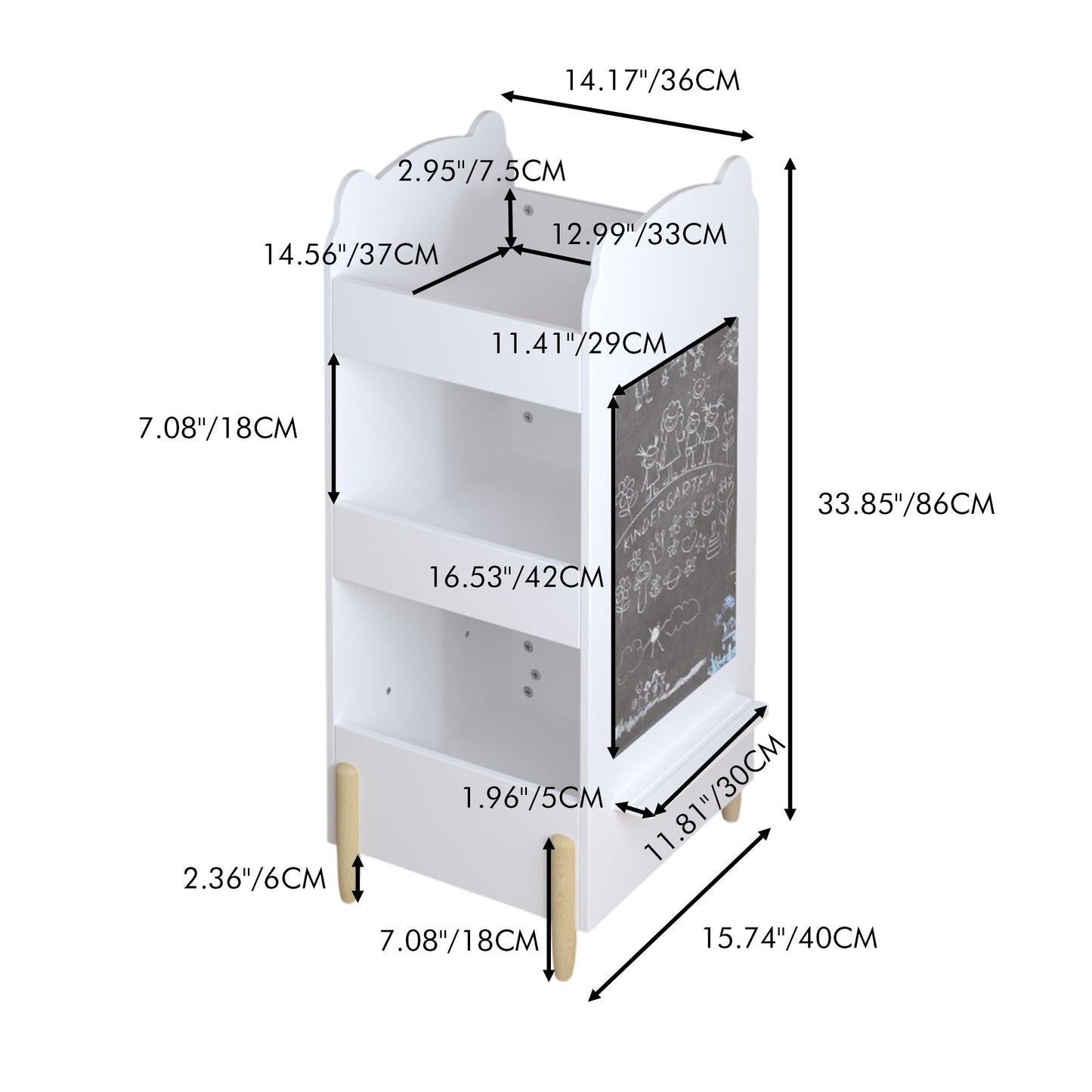 Bear Shaped Bookshelf With Chalkboard Side, 3 Tier Storage Organizer For Playroom - White