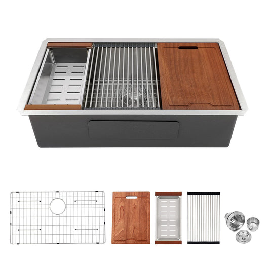 Premium Single Bowl Undermount Workstation Kitchen Sink With Accessories, Finish, 16 Gauge Stainless Steel - Black