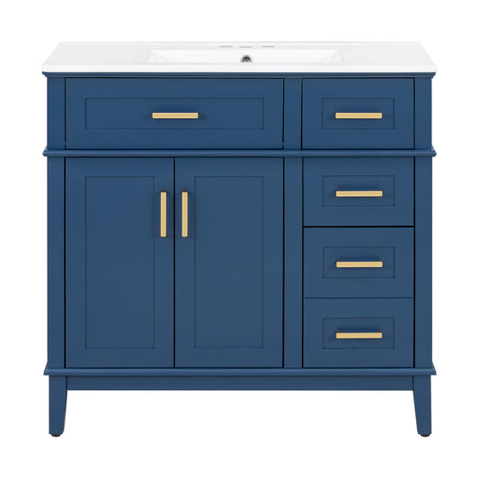 Bathroom Vanity With Ceramic Sink, Soft-Close Doors, 4 Storage Drawers - Blue