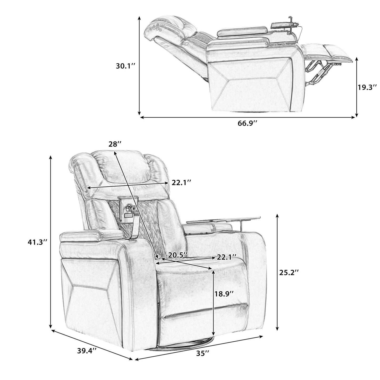 270° Swivel Power Recliner Individual Seat Home Theater Recliner With Comforable Backrest, Tray Table, Phone Holder, Cup Holder, USB Port, Hidden Arm Storage For Living Room