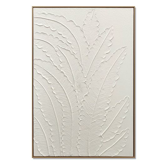 Framed Botanical Leaf Wall Art, Thick Textured Canvas Painting, Neutral Decor For Living Room - White