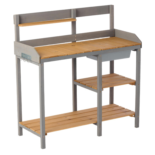 Outdoor Potting - Bench, Workstation Table With Cabinet For Backyard Garden Supplies - Gray / Brown