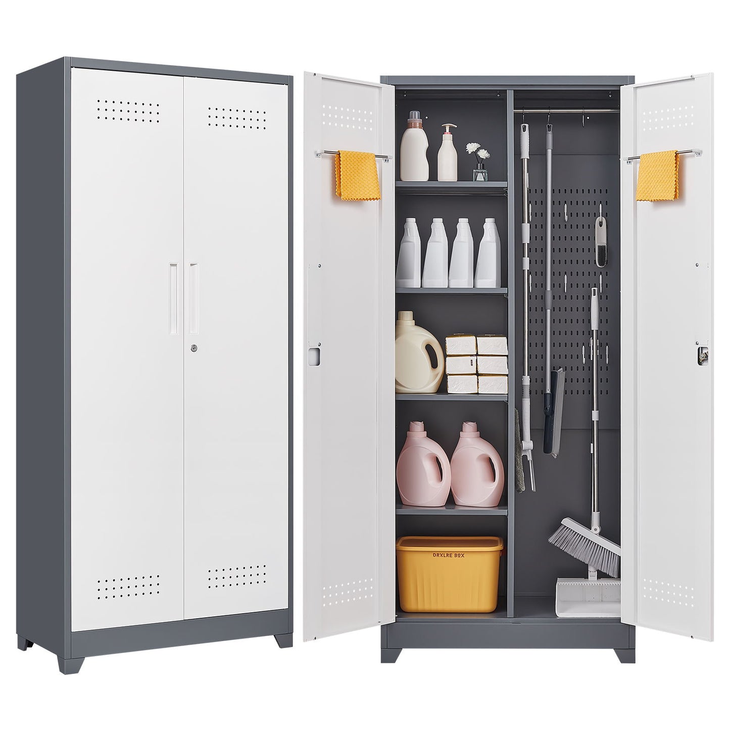 Metal Storage Cabinets, Cleaning Tool Cabinet With Locking Door, Tall Broom Tool Organizer And Storage, Large Storage Cabinet For Kitchen