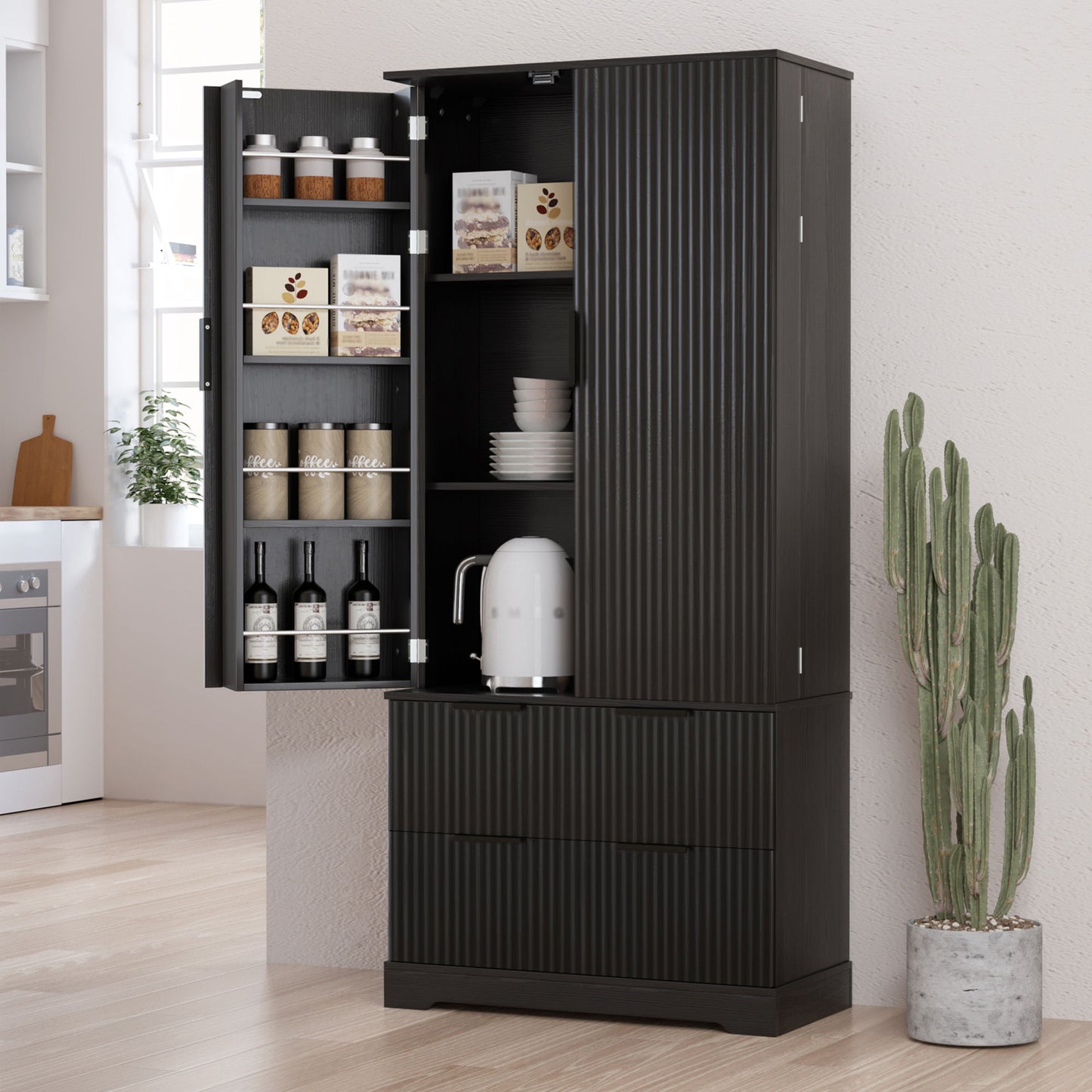 Fluted Kitchen Pantry Cabinet With 2 Large Drawers & 8 Door Spice Rack Freestanding Storage Organizer - Black