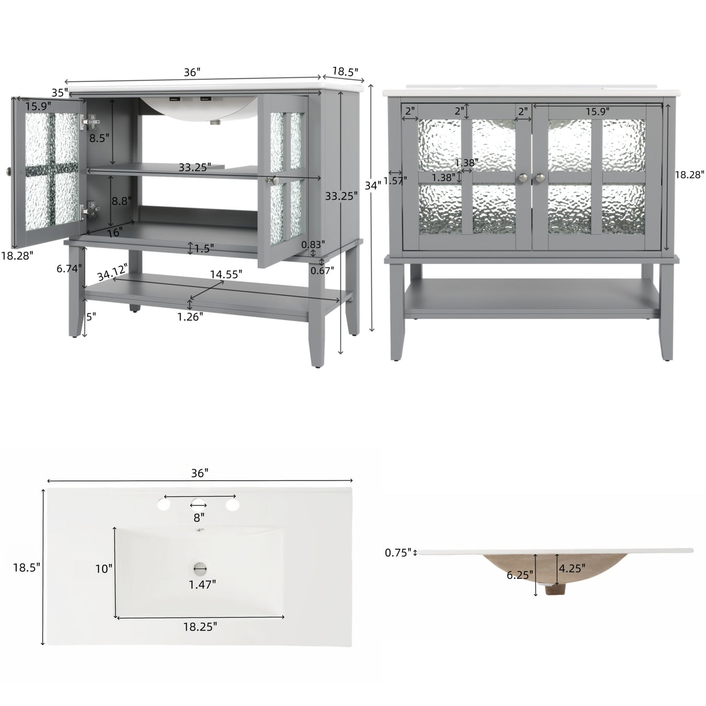 Bathroom Vanity With Ceramic Sink, Adjustable & Open Shelf