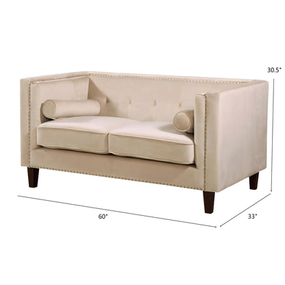 Button Tufted Square Arm Loveseat Sofa With Nailhead Trim, Upholstered 2 Seater Couch - Ivory