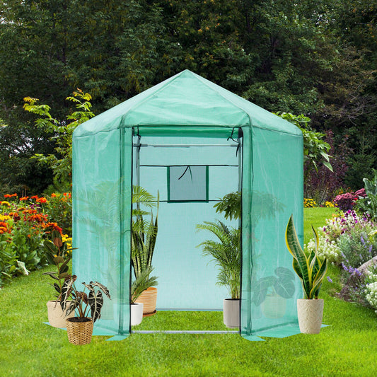 Walk-in Greenhouse Hexagonal Upgrade Reinforced Frame Heavy Duty Plastic Greenhouse Reinforced Thickened Waterproof Insulation (6.9*7.5 ft) - Green