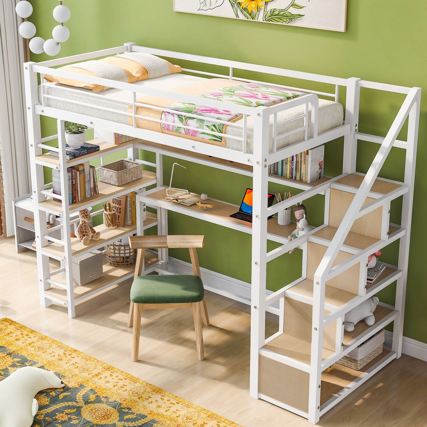 Twin Size Loft Bed With Built In Desk, Staircase Storage & 4 Tier Shelves - White