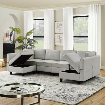 Linen Modular Sectional Sofa, U Shaped Couch With Adjustable Armrests And Backrests, 6 Seat Reversible Sofa Bed With Storage Seats For Living Room - Gray White