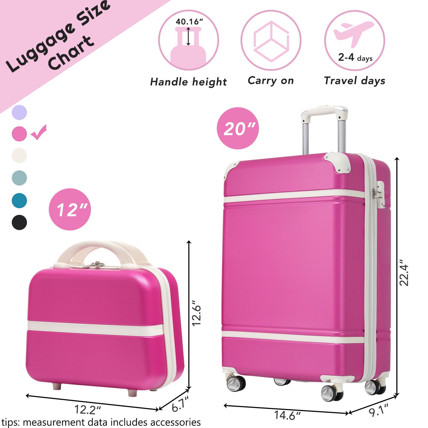 20" Hardside Luggage With Cosmetic Case, 2 Piece Lightweight Suitcase Set With Spinner Wheels, Carry On Vintage Luggage