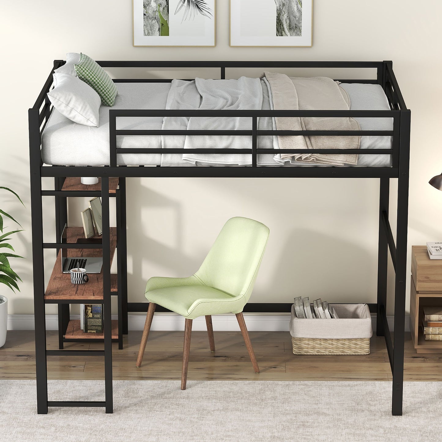 Loft Bed With Built In Desk And Storage Shelves, Full Size - Black