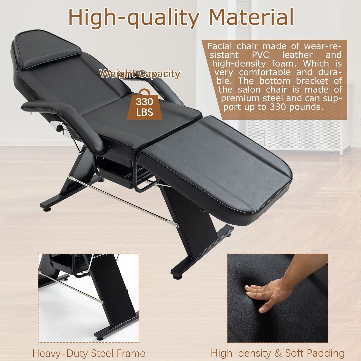 Massage Salon Tattoo Chair With Two Trays Esthetician Bed With Hydraulic Stool, Multi-Purpose 3-Section Facial Bed Table, Adjustable Beauty Barber Spa Beauty Equipment