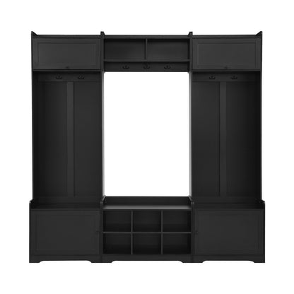 Wide Hall Tree With Shoe Storage, 4 In 1 Entryway Bench With 8 Cubbies, 7 Coat Hooks & Adjustable Shelf For Hallway - Black