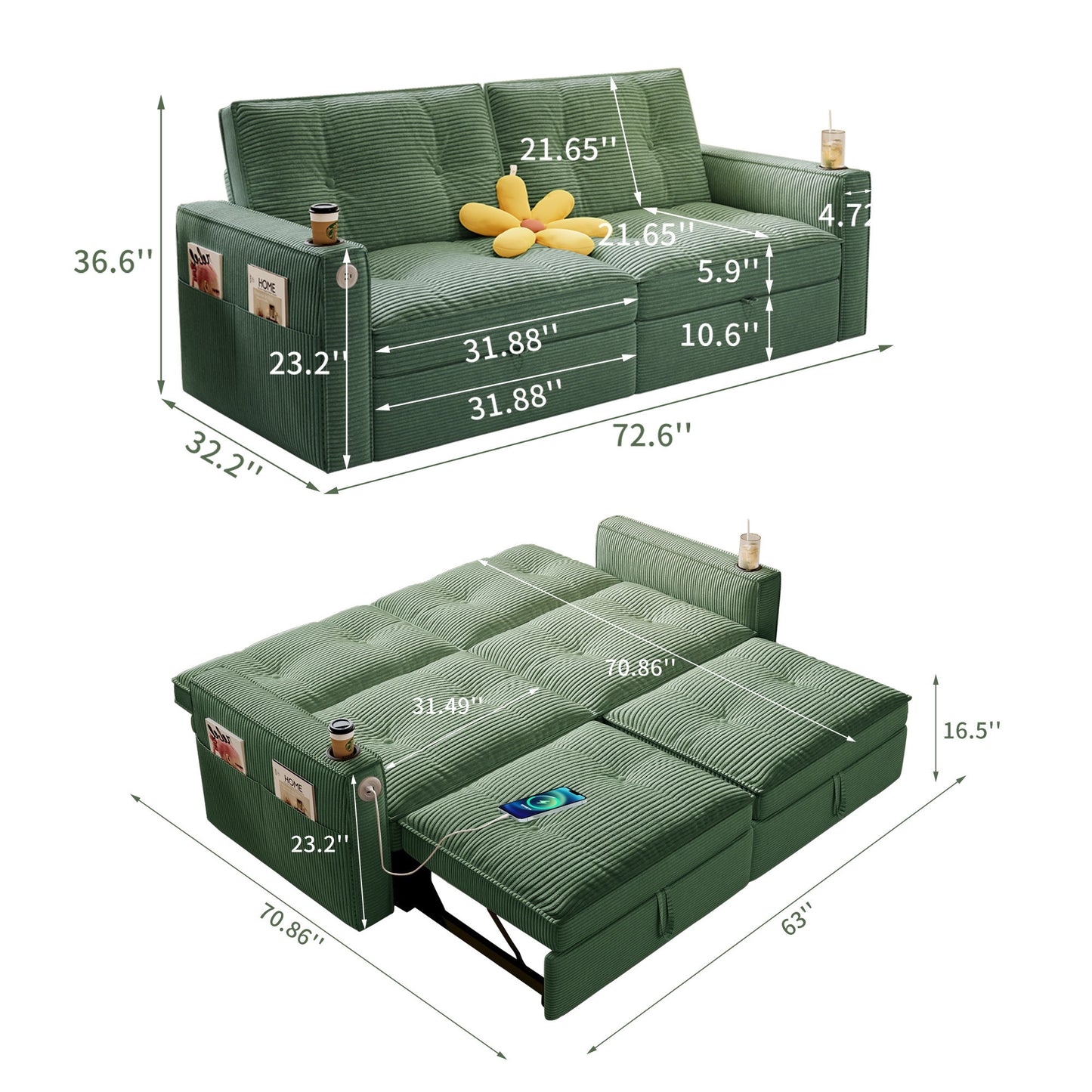 2 In 1 Convertible Sofa Bed For Living Rooms