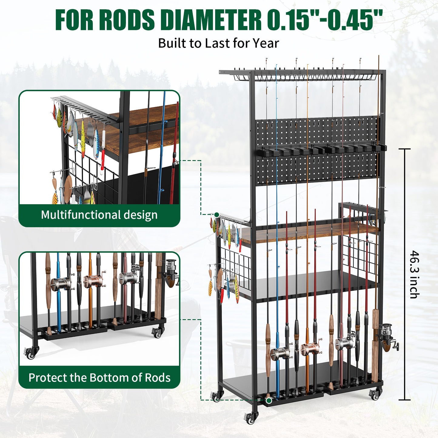 Fishing Rod Storage Rack With Pegboard, Rolling Tackle Organizer Cart - Black