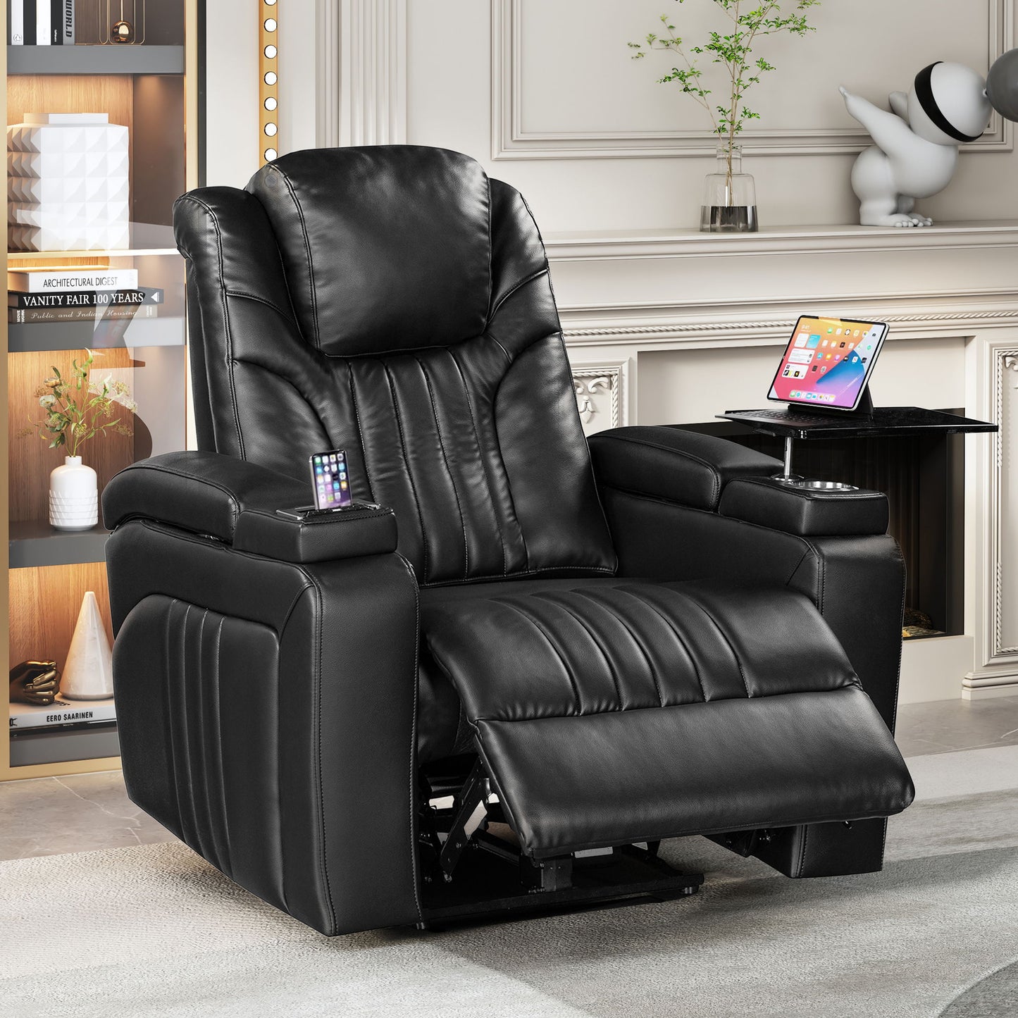 Power Recliner Home Theater Recliner With Power Adjustable Headrest, Wireless Charging Device, USB Port, Storage Arms, Cup Holder And Swivel Tray Table For Living Room