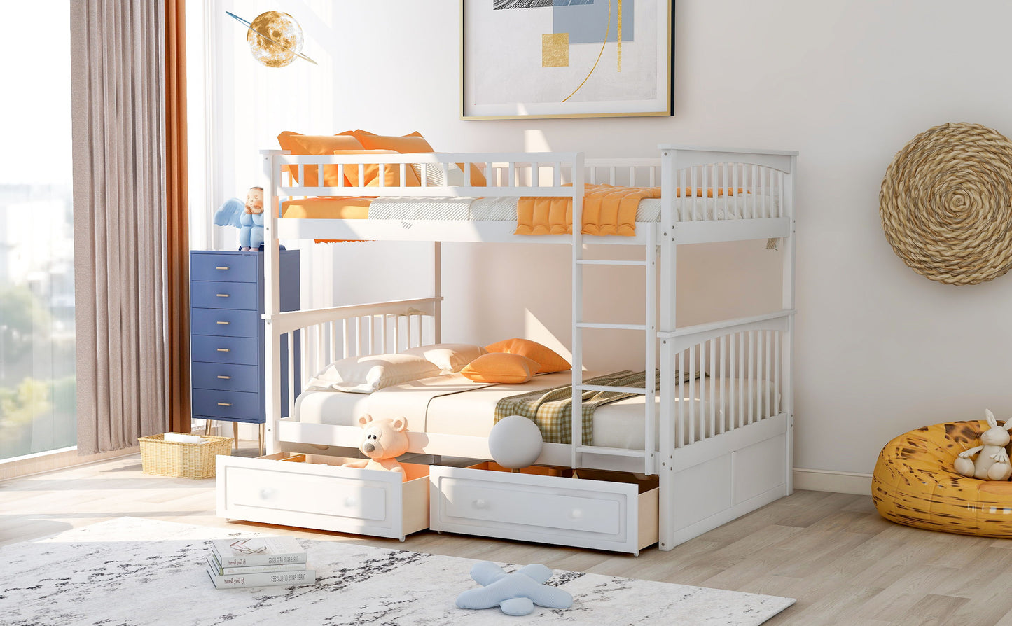 Full Over Full Bunk Bed With Drawers, Convertible Beds - White