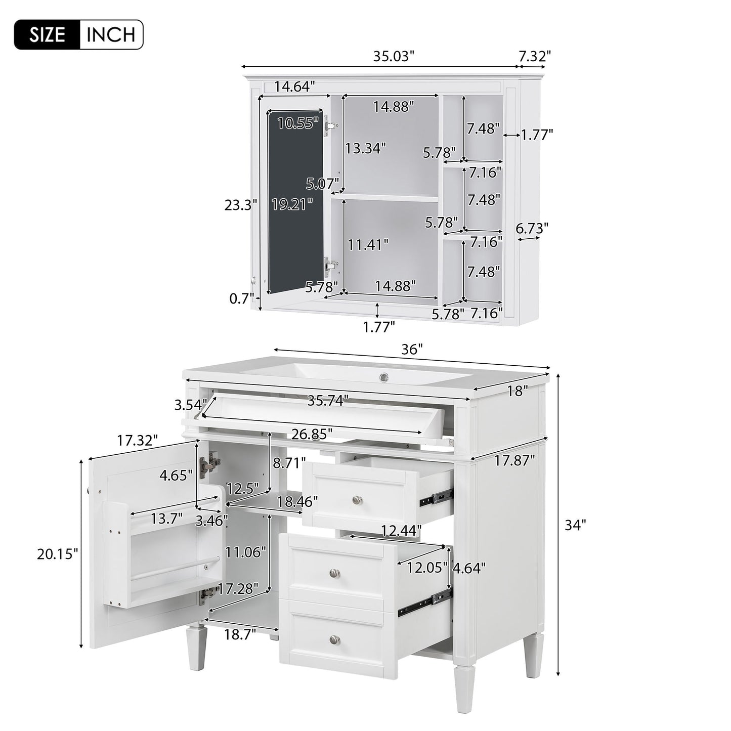 Bathroom Vanity With Top Sink, Storage Cabinet With Mirror, 2 Doors, 3 Drawers, 6 Open Shelves
